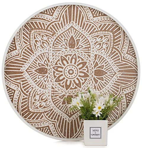 Hanobe Bandeja decorativa grande de madera: bandeja otomana rústica bohemia para decoración de centro de mesa de café – Bandeja redonda de madera para encimera de cocina, 45 cm