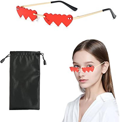 TIANNAIT 1 Paar Herz-Sonnenbrille mit 1 Brillentasche, unregelmäßige Form, Retro-Sonnenbrille, lustige Partybrille, Hippie-Mode-Accessoires für Kinder, Männer, Frauen (Rot)