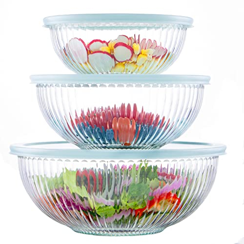 Luvan Glas Rührschüssel mit Deckel 3er-Set (3.5 L,2 L,1 L),Große Rund Salatschüsseln für die Küche,ideal zum Aufbewahren von Lebensmitteln,Kochen,Backen,Vorbereiten, Spülmaschinenfest