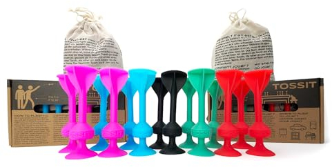 TOSSIT Jeu Fléchette Ventouse, Pétanque Intérieur Extérieur pour Sol et Mur, Silicone Puissant et Durable, Twin Pack, Rouge Cyan Rose Bleu