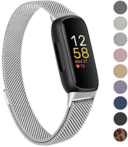 Oumida Armband Kompatibel mit Fitbit Inspire 3 Armband für Damen Herren, Prämie Edelstahl Metall Ersatzarmband mit Starker Magnet Uhrenarmbänder für Fitbit Inspire 3, Silber