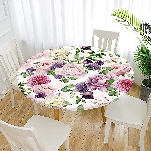 Morbuy Rund Tischdecke Outdoor Elastisch, Schöne Blumen Muster Tischdecken Wasserdicht Lotuseffekt Abwaschbar Abwischbar Tischtuch für Küchentisch Garten Draussen (90cm,Lila Rose)