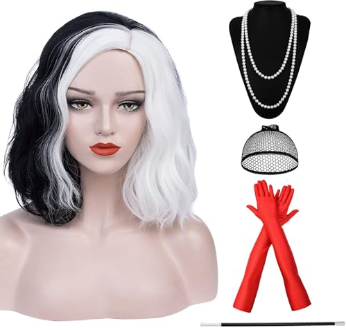 Halb Schwarz und Halb Weiß Perücke, Schwarz Weiße Perücke, mit Rot Handschuhe, Perle Halskette und Halter, Perücken Damen Halloween, Halloween Kostüm Damen, für Kostümparty Halloween Karneval