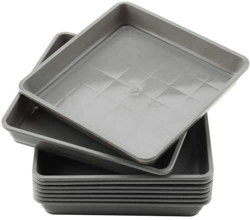 JOIKIT Quadratische Pflanzen-Untersetzer, 29 x 29 cm, Kunststoff-Tropfschale für Blumentöpfe, Innen- und Außenbereich, Garten, Terrasse, Balkon, Pflanzen-Wasserfänger, Grau, 10 Stück