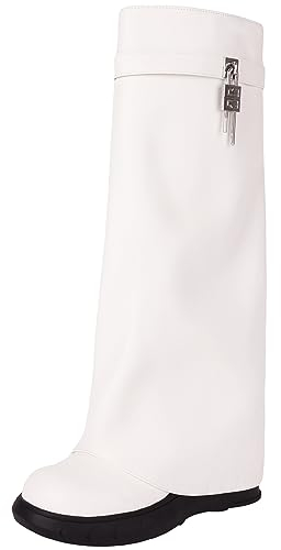 StyliShoes Stivali casual da donna alti al ginocchio con punta rotonda e zeppa e slip-on, bianco, 38 EU