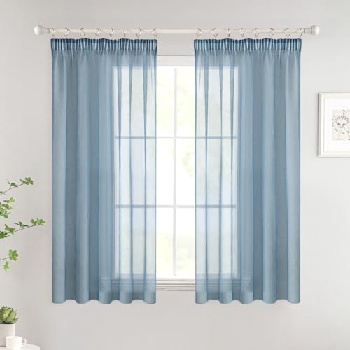 Woaboy Gardinen mit Kräuselband Kurz Fenster Voile Vorhänge Wohnzimmer Transparent Sheer Curtains Stores Gardine Schlafzimmer Modern Schlaufengardinen 2er Set 140x145cm (BxH) Navy Blau