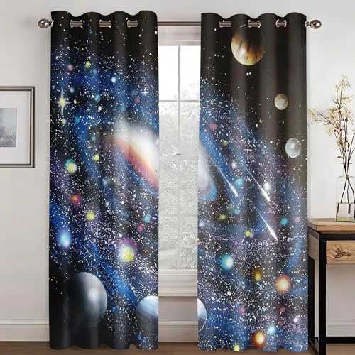 KARPIX Universum Planet Fenstervorhang Weltraum Sternenklar vorhänge Mit Ösen Blickdicht Gardine Für Kinder Und Jugendliche, 2 Paneele (5,150x166cm(2x75x166cm))