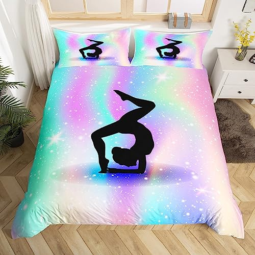 Homewish Bettbezug für Gymnastik, 220 x 240 cm, Bettwäsche mit Glitzerstern, Geschenk für Turner für Mädchen und Kinder, Bettwäsche-Set Regenbogen, Sternenhimmel, Purpur / Blaugrün