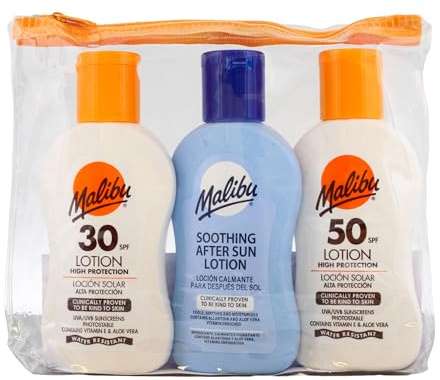 Malibu Sun Travel Essentials mit Sonnencreme Schutz und After Sun Lotion, LSF 30 und 50, Multipack, 3 x 100 ml | Sonnencreme Schutz After Sun Lotion Urlaub Sonnenpflege Wasserabweisend Sonnenschutz Sommer Essentials Multipack