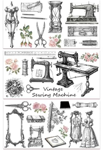 GLOBLELAND 3 Stück Vintage Nähmaschinen Und Blumen Abziehbilder Zum Aufreiben Für Möbel Und Bastelarbeiten, 6x12 Zoll Große Möbel Transferaufkleber, Selbstklebende, Wasserfeste Dekor