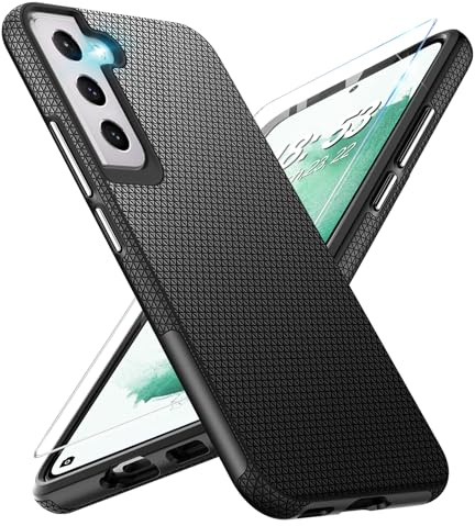 Vaki Handyhülle für Samsung Galaxy S22 Plus Mit Schutzfolie, Stoßfest Bumper Case Mit Rutschfester Textur, Hard PC Rugged Cover für S22 Plus 5G (Schwarz)