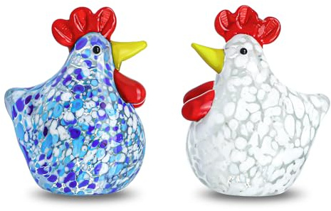 H&D HYALINE & DORA Geblasenes Glas Huhn Figuren Set von 2 Handgefertigte Kunst Glas Hahnfigur Kristall Tierfigur Sammlerstück für Heimdekoration Ornament
