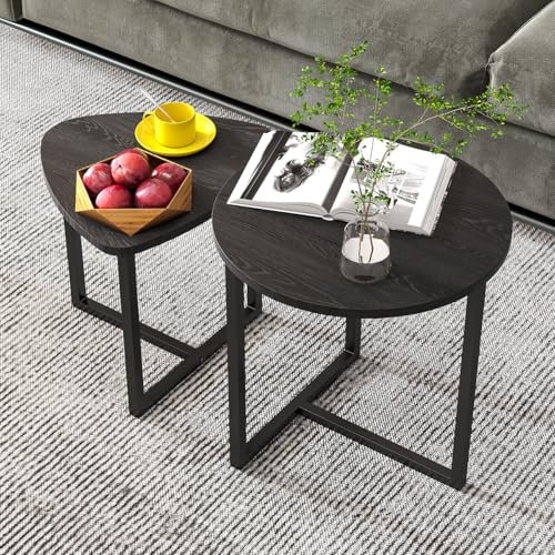 HOJINLINERO Lot de 2 petites tables basses rondes de salon, table d'appoint ronde, table d'appoint industrielle, cadre en métal avec aspect bois, table de cocktail pour canapé, table de cocktail pour