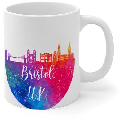 Britische Bristol-Kaffeetassen, weißes Ölgemälde, abstraktes Stadtbild, Keramik-Kaffeetassen, lustig, Büro, weiß, glänzende Tasse, Muttertag, Neujahr, Geschenk für Ehefrau, Barista, 325 ml