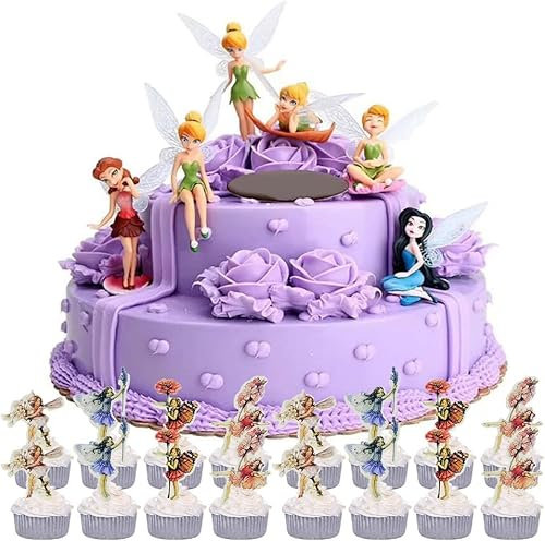 Flower Fairies Cake Decoration - 30 PCS Mini Figures Set, Cupcake & Figurines with Wings for Kids' Birthday & Baby Shower Parties