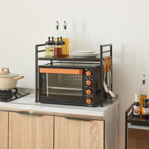 [en.casa] Étagère à Micro-Ondes avec Tablette Réglable en Hauteur Largeur Extensible 4 Pieds Réglable Support Pratique Meuble de Rangement pour Cuisine Métal Hauteur 48 cm Noir