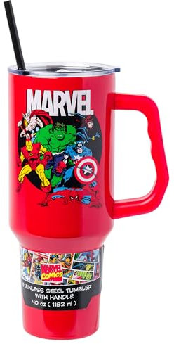 Silver Buffalo Marvel Avengers Stainless Steel Tumbler with Handle and Straw Featuring Captain America, Thor, Hulk, Iron Man, Black Widow, and Spiderman, Fits in Standard Cup Holder, 40 Ounces