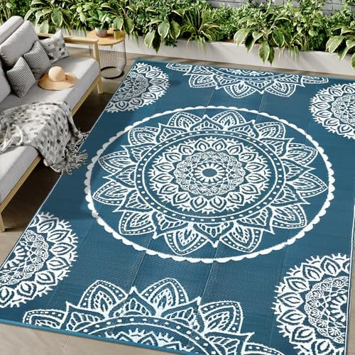 Famibay Großer Outdoor-Teppich für Garten, wasserdicht, wendbar, 180 x 270 cm, Kunststoff, Strohteppich, Terrassenteppich, UV-beständig, tragbar, für Innenbereich, Wohnmobil, Balkon, Picknick, Blau