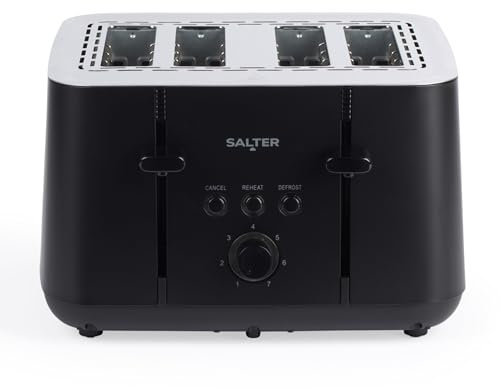 Salter Grille-pain 4 Tranches Noir Mat - 7 Niveaux de Brunissement, Ramasse-Miettes Amovible, Fonction Décongeler/Réchauffer/Annuler, Centrage Automatique, Fonction Anti-blocage, 1850W