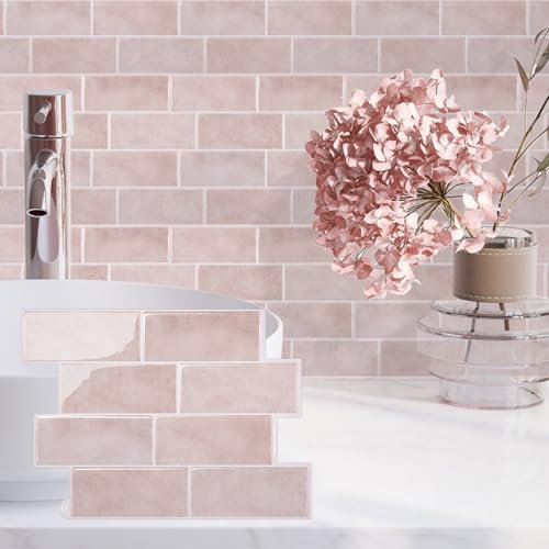 Alwayspon 10 Sheet Pink Marble 3D Vinyl Wall Tile Sticker Transfers, Peel and Stick Self-Adhesive Waterproof Splashback Stick on Tile Decals for Kitchen Bathroom Wall
