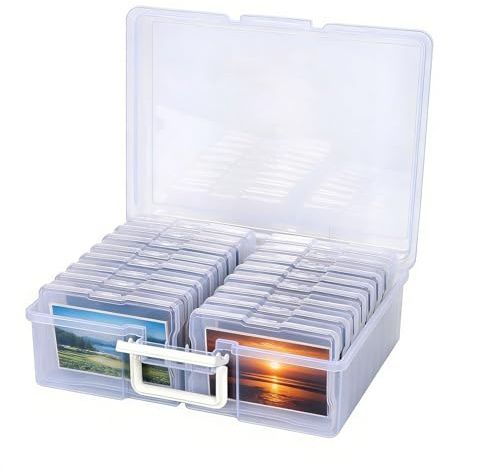 JIEHIN Caja de almacenamiento de fotos de 38 x 30 x 13 cm, caja organizadora de fotos con 16 soportes interiores para fotos, caja transparente de plástico para tarjetas, manualidades