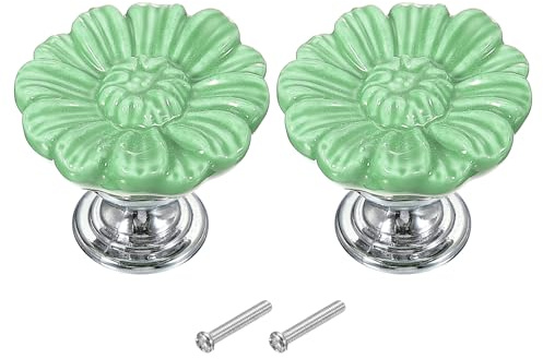 PATIKIL Vintage Floral Knobs 1-5/16, 2 Pcs with Screw Green | Ceramic,Round Drawer Knobs,Dresser Knobs,Door Hardware Pull Handles for Kitchen Bathroom Cupboard Wardrobe