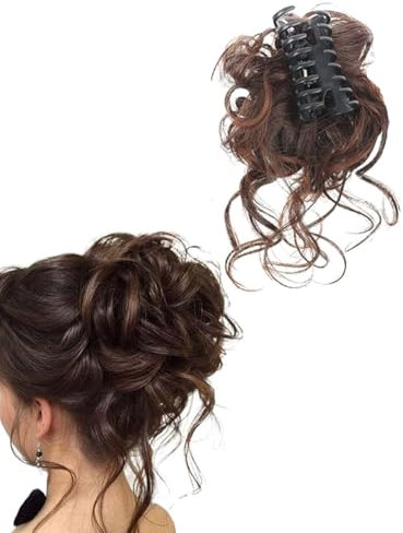 BPTRKOM 1 pezzo Estensioni per Capelli con Clip a Artiglio – Coda di Cavallo Sintetica Ricci e Ondulata, Look Naturale e Disordinato – Ideale per Donne e Ragazze (Marrone Scuro)