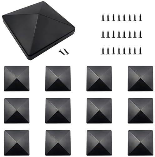 12PCS Fence Post Caps 4x4 Inch, Black ABS Plastic Post Caps for Wooden Posts - Deck Post Cap with Screws for Fence Protection, Rot Prevention & Decoration (Includes 24 Screws)