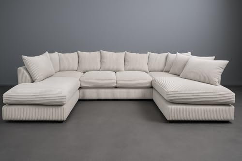SOFASELECTIONUK LTD Jumbo Cord U-Shaped Cord Sofa - Large Modular Sofa with Memory Foam Seating & Removable Cushion Covers - Seats 6-7 People - Ideal U-Shape for Living Room (Cream, Scatter Back)