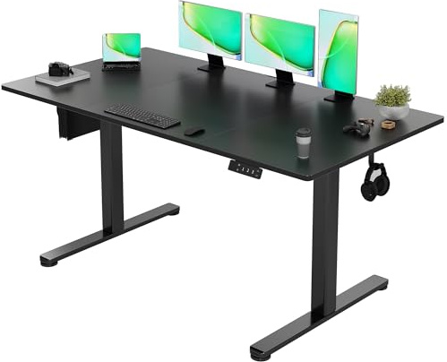 Claiks Scrivania regolabile in altezza 140 x 70 cm, scrivania regolabile in altezza, tavolo con 2 ganci e 3 funzioni di memoria, scrivania regolabile per computer, in piedi, nero