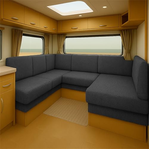 Elastischer Sitzkissenbezug für Wohnmobilbank oder Sofa Jacquard Stretch Schonbezug mit Riemen, Waschbarer Rutschfester Bezug für Camper, Caravan oder Essbereich (Dunkelgrau,W65-85 * L 165-200cm)