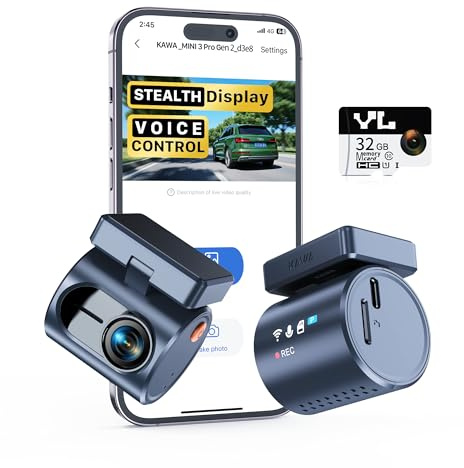 KAWA Dashcam Car Front - incl. 32GB SD card, voice control, app control, 2K1296P QHD Dash Cam with WDR, Super Night Vision, G-Sensor, Supercapacitor, 135° FOV, unobtrusive display