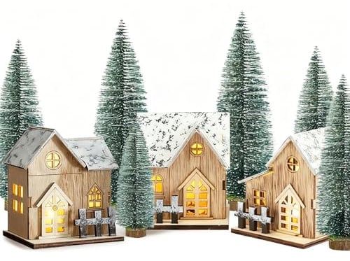 LUKIUP 3 Nackt Weihnachtsdorf mit 9 Sückt-10/15/20 cm Mini Weihnachtsbäume, Weihnachtshaus Beleuchtet, Weihnachtsdeko Holz LED, Weihnachtshaus Deko, Weihnachten
