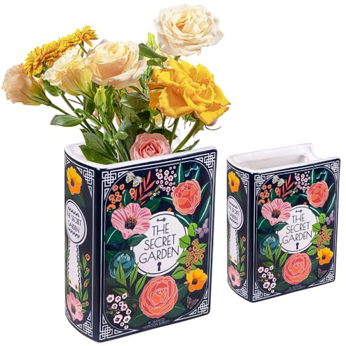 RNPKZ Ceramic Book Vase for Flower, Small Book Shaped Decorative Vase, Aesthetic Book Flower Vase, Vintage Unique Book Shaped Vase for Bookshelf Dcor Room Home Book Lovers Gifts (Beautiful Garden)
