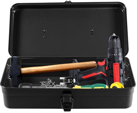 Metal Tool Box, 36cm Large Lockable Toolbox with Latch Closure & Handle, Iron Repairing Hand Kit Organizer For Garage Fishing Gardening(black)