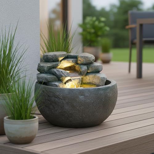 Gartenbrunnen BK911 Ø50 cm – Runder Springbrunnen in Steinoptik mit Wasserfall, warmweiße LED Beleuchtung Deko Teich
