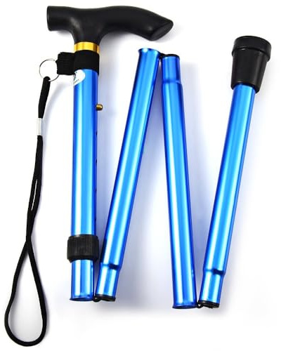 Comfkey Folding Lightweight Walking Stick - Adjustable Aluminum Metal Collapsible Travel Cane with Non-Slip Rubber Base (Blue)
