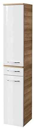 FACKELMANN Hochschrank Milano/Badschrank mit Soft-Close-System/Maße (B x H x T): ca. 30,5 x 165,5 x 32 cm / 2 Türen und 1 Schublade/Türanschlag frei wählbar/Korpus: Braun hell/Front: Weiß
