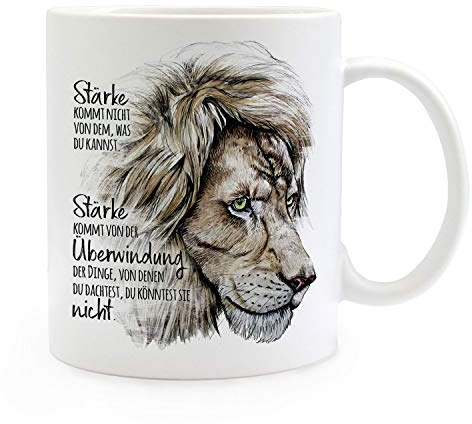 ilka parey wandtattoo-welt Tasse Becher Motiv Löwe Löwenkopf Spruch Stärke kommt von Überwindung Kaffeebecher Geschenk Spruchbecher ts955