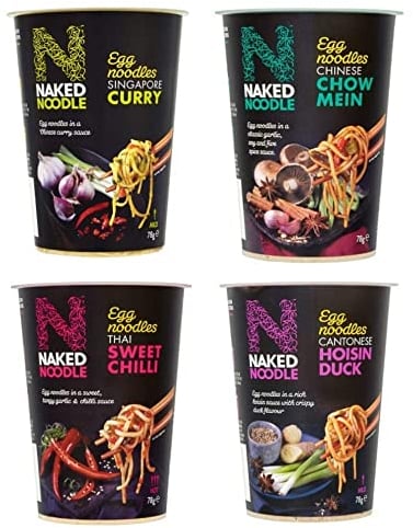 Naked Noodle Pots – 4 Flavour Egg Noodle Collection – 1x Singapore Curry, 1x Chinese Chow Mein, 1x Hoisin Duck and 1x Thai Sweet Chilli – Ready in Just 4 Minutes