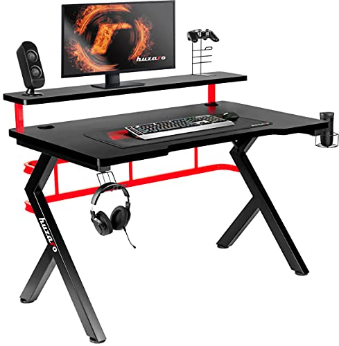 huzaro Hero 5.0 | Gaming Tisch Schreibtisch Computertisch Bürotisch | 120x60 cm | Monitorständer | Kopfhörerhaken Getränkehalter | Zwei Kabeldurchführung | Carbon Tischplatte | Gamer | Schwarz Rot