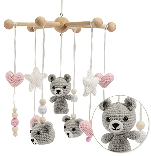 Minime Baby Mobile für Babybett Wickeltisch, Windspiel, Hängende Bettglocke, Babyzimmer, Teddy, Schildkröte, Bio-Baumwolle, Gehäkelt, Holz - Babyausstattung für Mädchen und Jungen (Rosa)