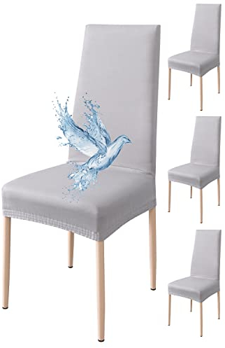 Poligino Stuhlhussen 4er Set Wasserdicht Stretch Universale Weich und Bequem, Stuhlbezug für Haus, Küche, Hochzeit, Restaurant, Party, Hotel, Zeremonie, Bankett - Hellgrau