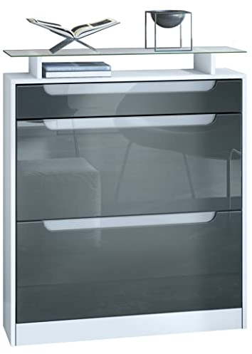 Vladon Schuhschrank Fiesta, Weiß matt/Grau Hochglanz/Weiß Hochglanz Schuhkipper für 16 Paar Schuhe mit 2 Klappen (89 x 104 x 23 cm)