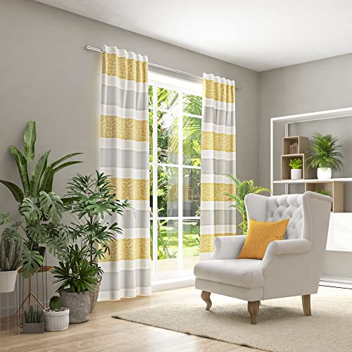 Neutex for you! MADEIRA Schal mit Multifunktionsband, Gardinenband, Vorhang, Gardine, Blickdicht, 245 x 146 cm (H/B), 491474, Made in Germany, Oeko-Tex Standard 100, gelb-weiß-grau