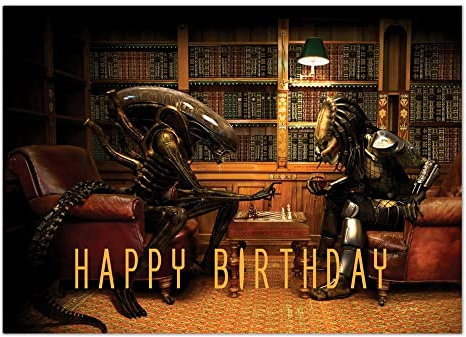 Alien vs Predator Birthday Card, AVP Playing Chess, Pool, Alien Predator Movie, Xenomorph Alternative Greeting Card (A5)