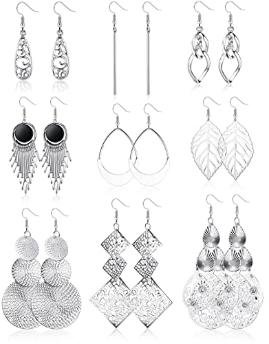 JeweBella 9 Paare Hängende Ohrringe Edelstahl für Damen Mädchen Boho Twist Lang Silber/Gold Quaste Set Hypoallergen Welle Blatt Lange Bar ModeSchmuck