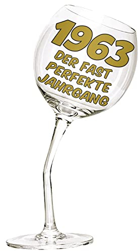 Bombo Weinglas mit gebogenem Stiel für den 60. Geburtstag mit Inschrift in Deutsch.