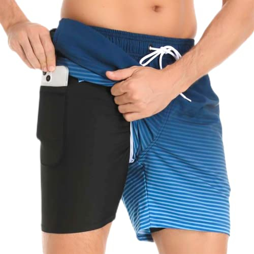 Badehose für Herren mit Kompression Mesh-Futter, 2 in 7 Schnelltrocknend Badeshorts Kurz, Verstellbar Tunnelzug Tasche Männer Schwimmhose Boardshorts für Strand Surf Sport M Schwarz Blau Verlauf