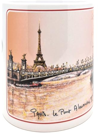 DESSAPT Arts - Paris le Pont Alexandre III et la Tour Eiffel - Mug Céramique 325 ml - Tasse-Cadeau Unique avec les Magnifiques Paysages Parisiens - Imprimé en France - Blanc Brillant